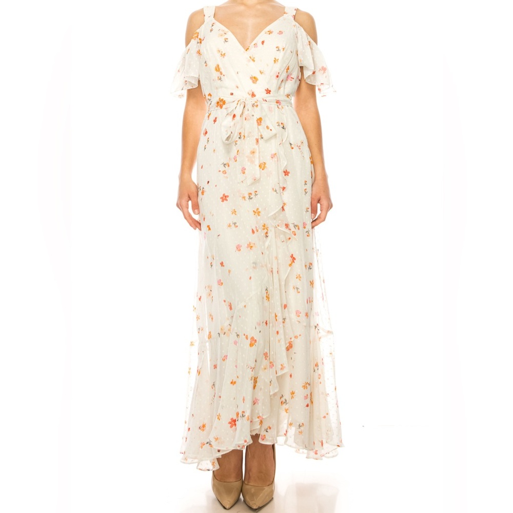 White Floral Cold Shoulder High Low Dress